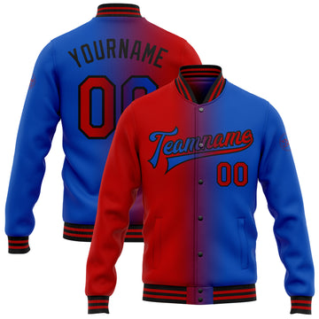 Custom Thunder Blue Red-Black Bomber Full-Snap Varsity Letterman Gradient Fashion Jacket