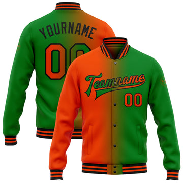 Custom Grass Green Orange-Black Bomber Full-Snap Varsity Letterman Gradient Fashion Jacket