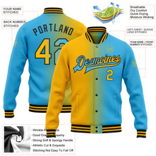 Load image into Gallery viewer, Custom Sky Blue Gold-Black Bomber Full-Snap Varsity Letterman Gradient Fashion Jacket
