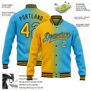 Custom Sky Blue Gold-Black Bomber Full-Snap Varsity Letterman Gradient Fashion Jacket