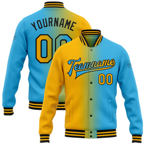 Custom Sky Blue Gold-Black Bomber Full-Snap Varsity Letterman Gradient Fashion Jacket