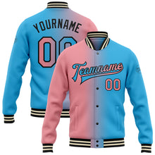 Load image into Gallery viewer, Custom Sky Blue Medium Pink-Black Bomber Full-Snap Varsity Letterman Gradient Fashion Jacket
