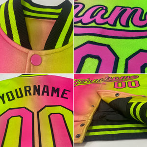 Custom Neon Yellow Medium Pink-Black Bomber Full-Snap Varsity Letterman Gradient Fashion Jacket