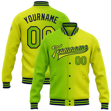 Custom Neon Yellow Neon Green-Navy Bomber Full-Snap Varsity Letterman Gradient Fashion Jacket
