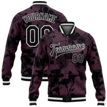 Load image into Gallery viewer, Custom Burgundy Black-White Plant And Flower 3D Pattern Design Bomber Full-Snap Varsity Letterman Jacket
