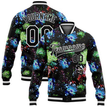 Load image into Gallery viewer, Custom Black White Glitter Bloom 3D Pattern Design Bomber Full-Snap Varsity Letterman Jacket
