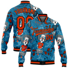 Load image into Gallery viewer, Custom Powder Blue Orange-Black Casual Music Festival 3D Pattern Design Bomber Full-Snap Varsity Letterman Jacket
