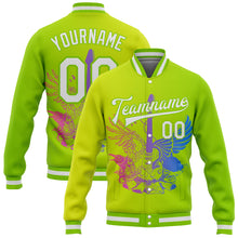 Load image into Gallery viewer, Custom Neon Green White-Neon Yellow Guitar Rock Roll Music Festival 3D Pattern Design Bomber Full-Snap Varsity Letterman Gradient Fashion Jacket

