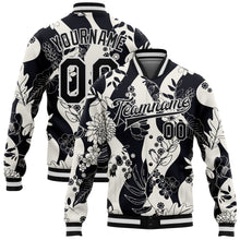 Load image into Gallery viewer, Custom Black White Floral Wave 3D Pattern Design Bomber Full-Snap Varsity Letterman Jacket
