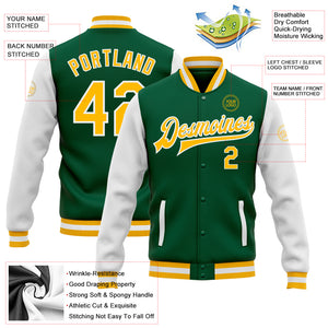 Custom Kelly Green Gold-White Bomber Full-Snap Varsity Letterman Two Tone Jacket