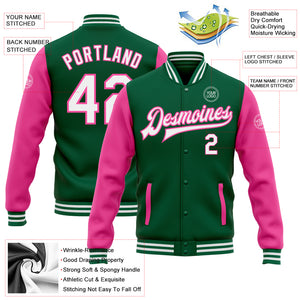 Custom Kelly Green White-Pink Bomber Full-Snap Varsity Letterman Two Tone Jacket