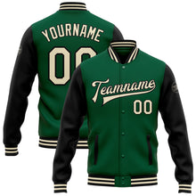 Load image into Gallery viewer, Custom Kelly Green Cream-Black Bomber Full-Snap Varsity Letterman Two Tone Jacket
