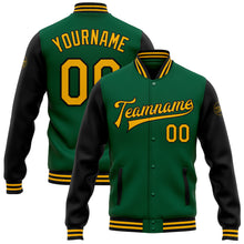 Load image into Gallery viewer, Custom Kelly Green Gold-Black Bomber Full-Snap Varsity Letterman Two Tone Jacket
