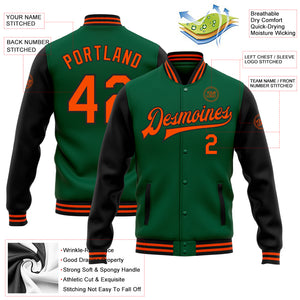 Custom Kelly Green Orange-Black Bomber Full-Snap Varsity Letterman Two Tone Jacket