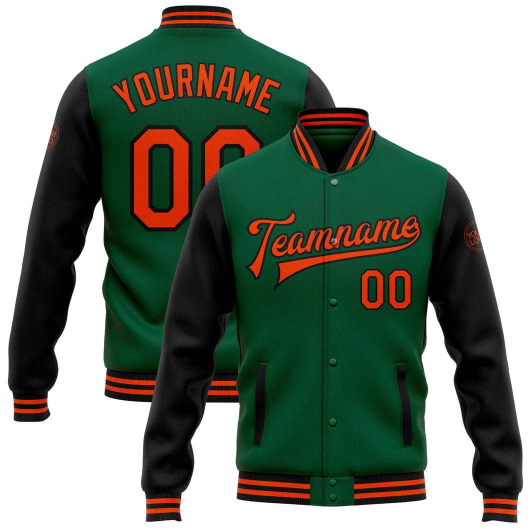 Custom Kelly Green Orange-Black Bomber Full-Snap Varsity Letterman Two Tone Jacket