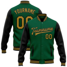 Load image into Gallery viewer, Custom Kelly Green Old Gold-Black Bomber Full-Snap Varsity Letterman Two Tone Jacket
