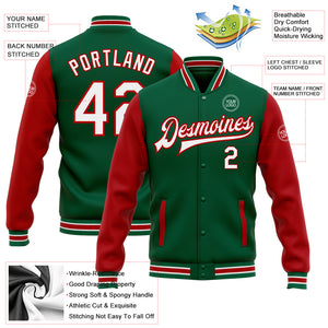 Custom Kelly Green White-Red Bomber Full-Snap Varsity Letterman Two Tone Jacket