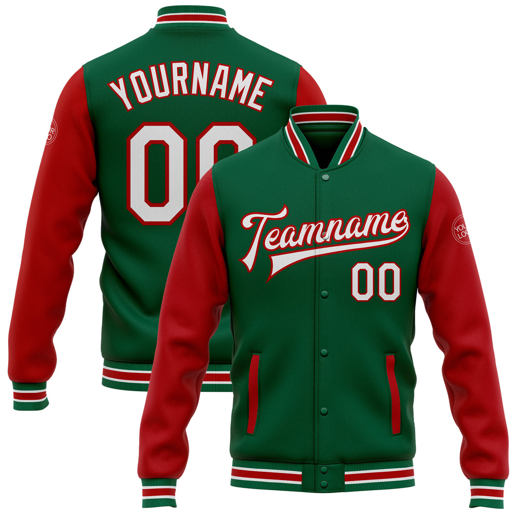 Custom Kelly Green White-Red Bomber Full-Snap Varsity Letterman Two Tone Jacket