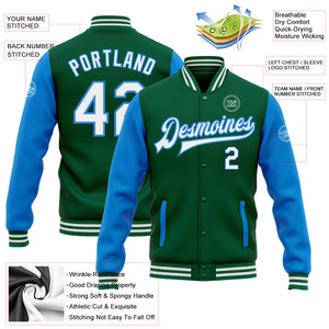 Custom Kelly Green White-Electric Blue Bomber Full-Snap Varsity Letterman Two Tone Jacket