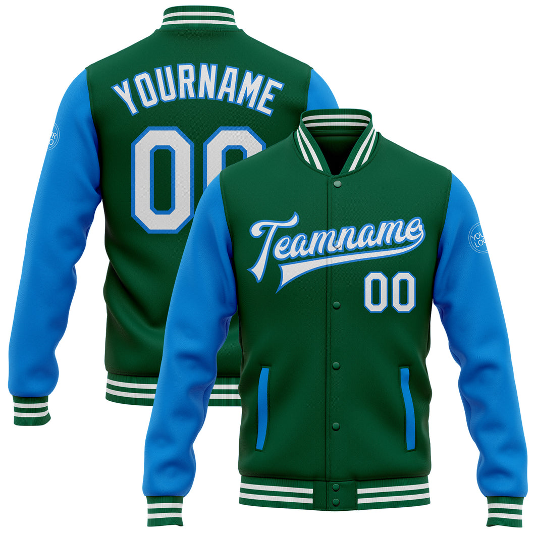 Custom Kelly Green White-Electric Blue Bomber Full-Snap Varsity Letterman Two Tone Jacket