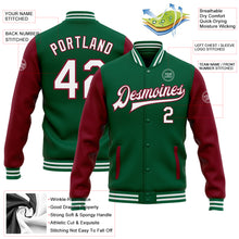 Load image into Gallery viewer, Custom Kelly Green White-Crimson Bomber Full-Snap Varsity Letterman Two Tone Jacket
