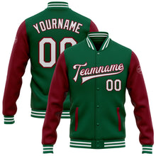 Load image into Gallery viewer, Custom Kelly Green White-Crimson Bomber Full-Snap Varsity Letterman Two Tone Jacket
