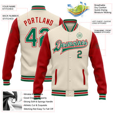 Load image into Gallery viewer, Custom Cream Kelly Green-Red Bomber Full-Snap Varsity Letterman Two Tone Jacket
