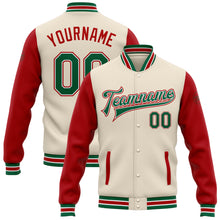 Load image into Gallery viewer, Custom Cream Kelly Green-Red Bomber Full-Snap Varsity Letterman Two Tone Jacket
