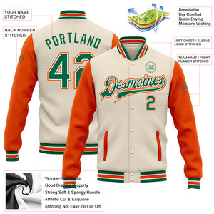 Custom Cream Kelly Green-Orange Bomber Full-Snap Varsity Letterman Two Tone Jacket