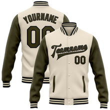 Load image into Gallery viewer, Custom Cream Olive-Black Bomber Full-Snap Varsity Letterman Two Tone Jacket
