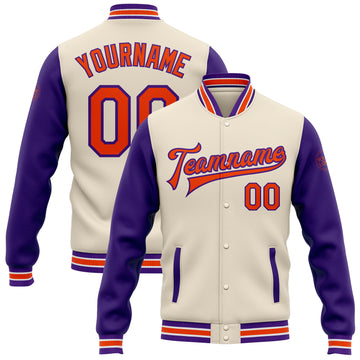 Custom Cream Orange-Purple Bomber Full-Snap Varsity Letterman Two Tone Jacket