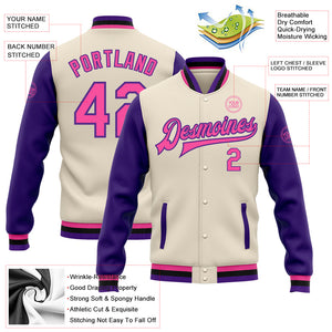 Custom Cream Pink Purple-Black Bomber Full-Snap Varsity Letterman Two Tone Jacket