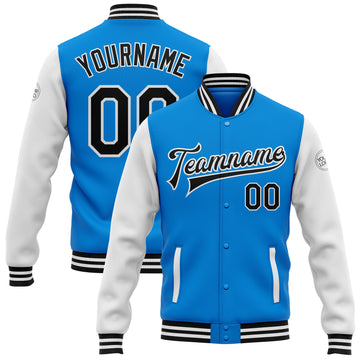 Custom Electric Blue Black-White Bomber Full-Snap Varsity Letterman Two Tone Jacket