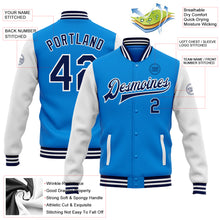 Load image into Gallery viewer, Custom Powder Blue Navy-White Bomber Full-Snap Varsity Letterman Two Tone Jacket
