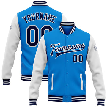 Custom Electric Blue Navy-White Bomber Full-Snap Varsity Letterman Two Tone Jacket