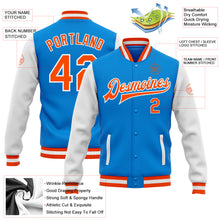 Load image into Gallery viewer, Custom Powder Blue Orange-White Bomber Full-Snap Varsity Letterman Two Tone Jacket
