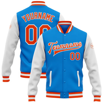 Custom Electric Blue Orange-White Bomber Full-Snap Varsity Letterman Two Tone Jacket