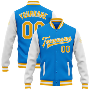 Custom Electric Blue Gold-White Bomber Full-Snap Varsity Letterman Two Tone Jacket