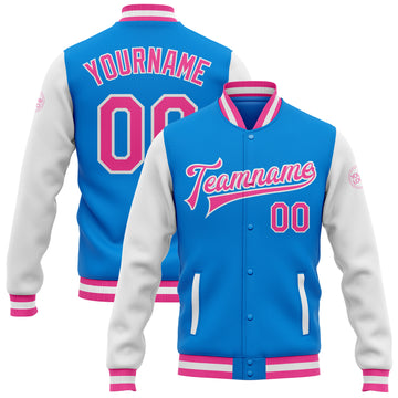 Custom Electric Blue Pink-White Bomber Full-Snap Varsity Letterman Two Tone Jacket