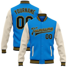 Load image into Gallery viewer, Custom Powder Blue Black Cream-Old Gold Bomber Full-Snap Varsity Letterman Two Tone Jacket
