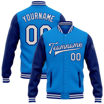 Custom Electric Blue White-Royal Bomber Full-Snap Varsity Letterman Two Tone Jacket