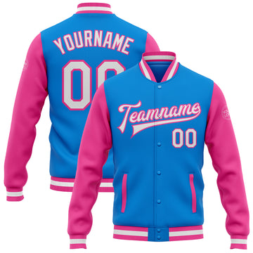 Custom Electric Blue White-Pink Bomber Full-Snap Varsity Letterman Two Tone Jacket