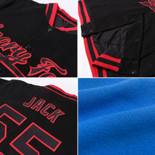 Load image into Gallery viewer, Custom Electric Blue Red-Black Bomber Full-Snap Varsity Letterman Two Tone Jacket
