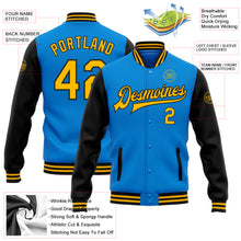 Load image into Gallery viewer, Custom Electric Blue Gold-Black Bomber Full-Snap Varsity Letterman Two Tone Jacket
