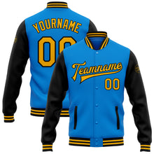 Load image into Gallery viewer, Custom Electric Blue Gold-Black Bomber Full-Snap Varsity Letterman Two Tone Jacket
