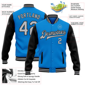 Custom Electric Blue Gray-Black Bomber Full-Snap Varsity Letterman Two Tone Jacket