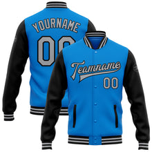 Load image into Gallery viewer, Custom Electric Blue Gray-Black Bomber Full-Snap Varsity Letterman Two Tone Jacket

