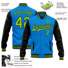 Load image into Gallery viewer, Custom Electric Blue Neon Green-Black Bomber Full-Snap Varsity Letterman Two Tone Jacket
