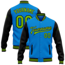 Load image into Gallery viewer, Custom Electric Blue Neon Green-Black Bomber Full-Snap Varsity Letterman Two Tone Jacket
