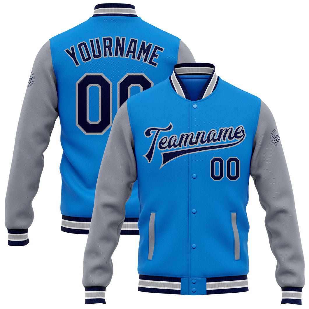 Custom Electric Blue Navy-Gray Bomber Full-Snap Varsity Letterman Two Tone Jacket